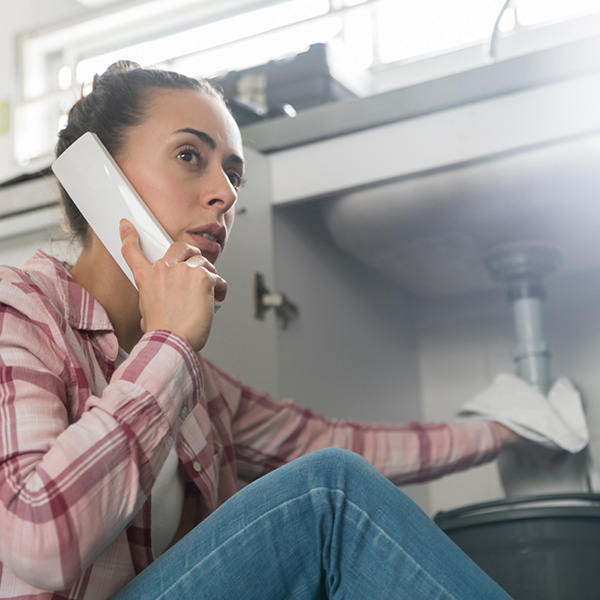 Woman at home calling a plumber about a leaking pipe in her sink